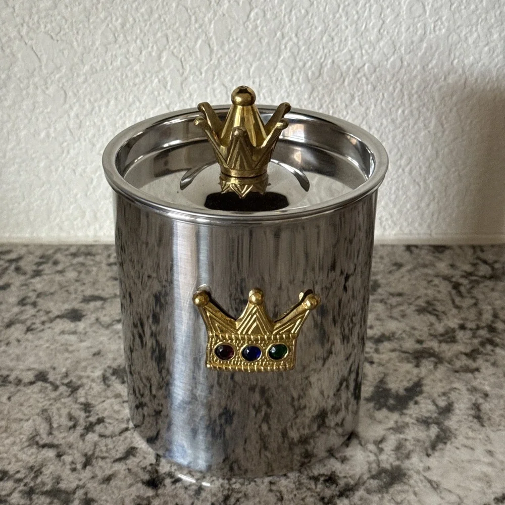Vintage Mizar Chando India Stainless Steel Ice Bucket Crown Lid Brass Emblem MCM